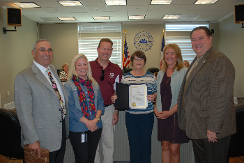 Mayor Lewis Rosen, Diane Manley and Ken Bailey (both with Texas A&M Galveston (Career and Counseling), Patsy Seitz, of UTMB Center for Addiction Research and Mary Beth Trevino with BACODA, and Council member Rusty Legg.  