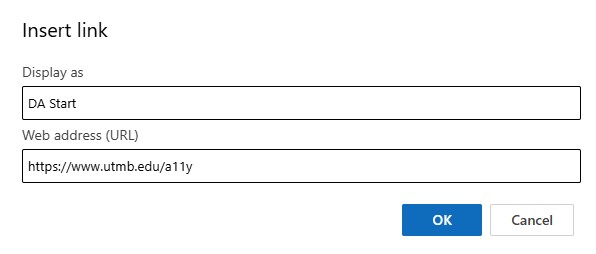 Screenshot of the insert link dialog box showing the link for DA start with the URL