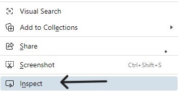 Microsoft Edge secondary menu indicating the Inspect option