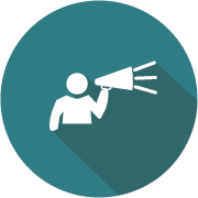 Button graphic with person holding megaphone