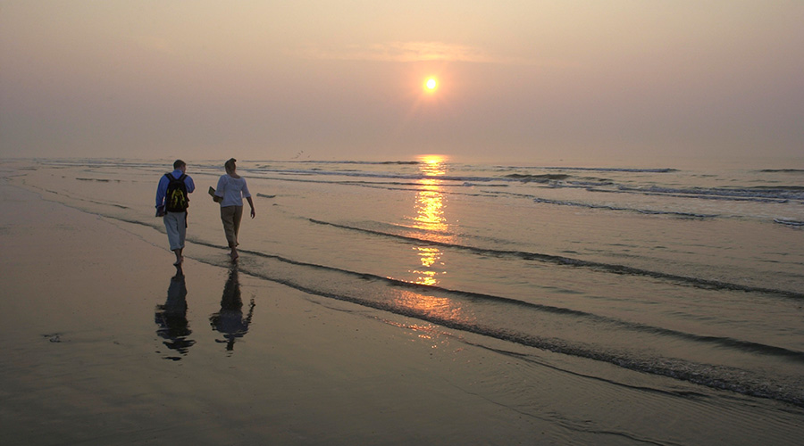 A man and a woman walking on the beach