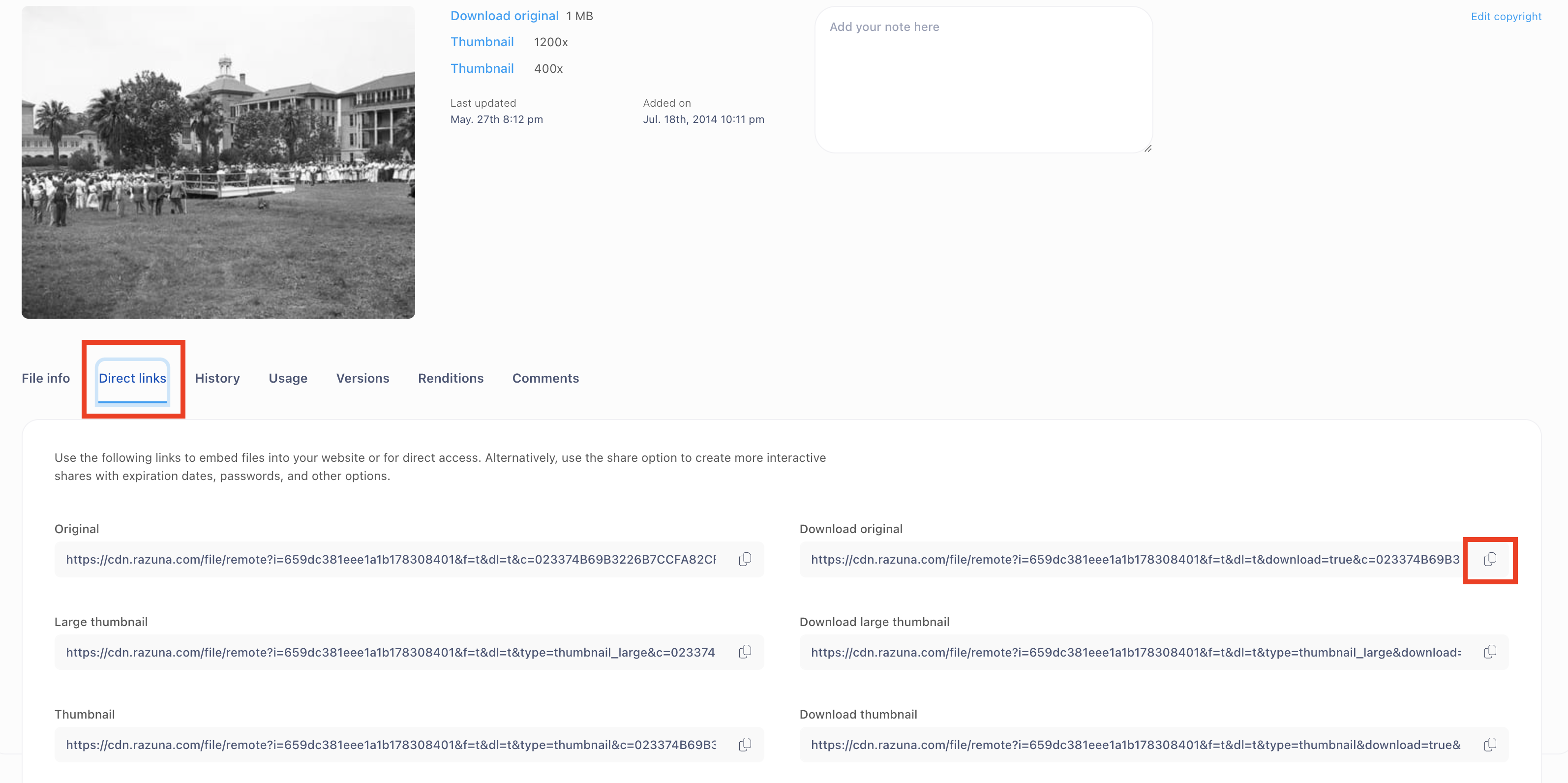 Razuna direct links Screenshot of Razuna direct links
