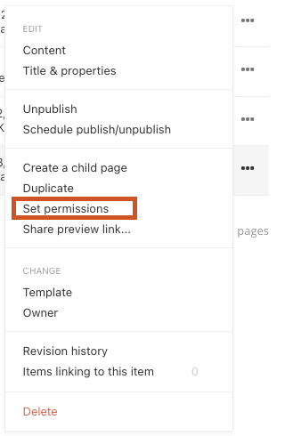 Screenshot of Set permissions in dropdown menu