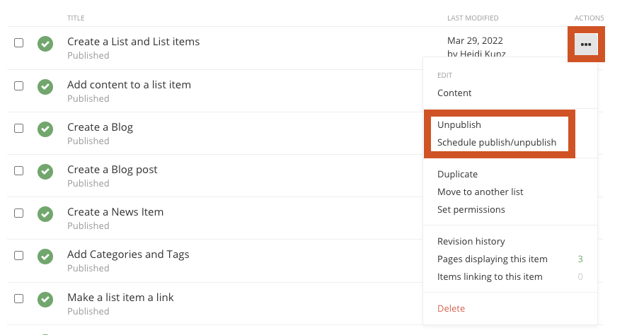 Screenshot of unpublishing list items