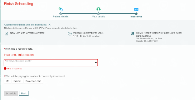 MyChart Scheduling Insurance Details