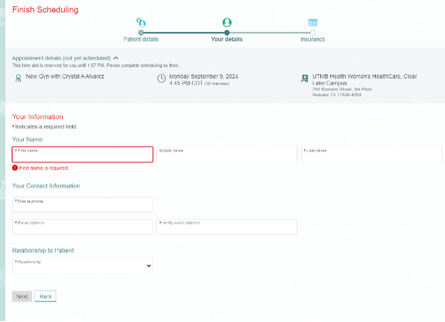 MyChart Scheduling Your Details