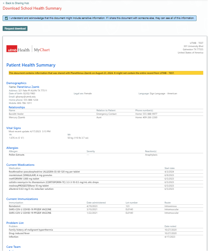 School Health Summary Patient Health Summary