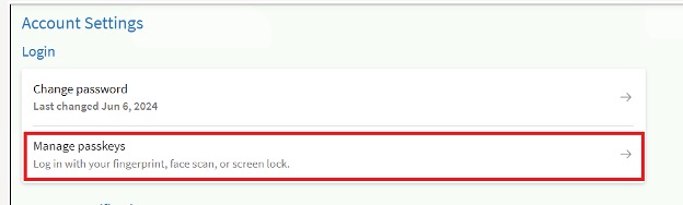 Manage passkeys Screenshot of Manage passkeys button