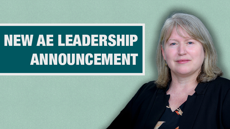 A light teal banner with Dr. Endsley's photo on the right and the words "New AE Leadership Announcement"