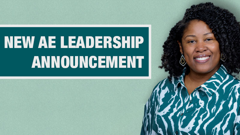 Mandy Hill on a light green background with a dark green banner that says "New AE Leadership Announcement"