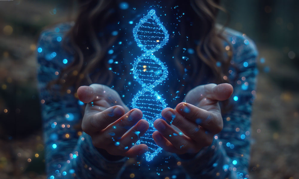 A woman's open hands hold a glowing, digital DNA helix, representing the future of science and genetics.