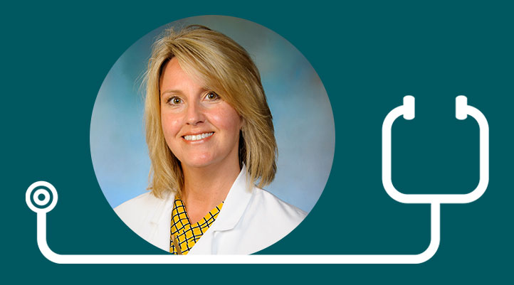 Erika Schulze's headshot on a dark teal background with a white stethoscope graphic