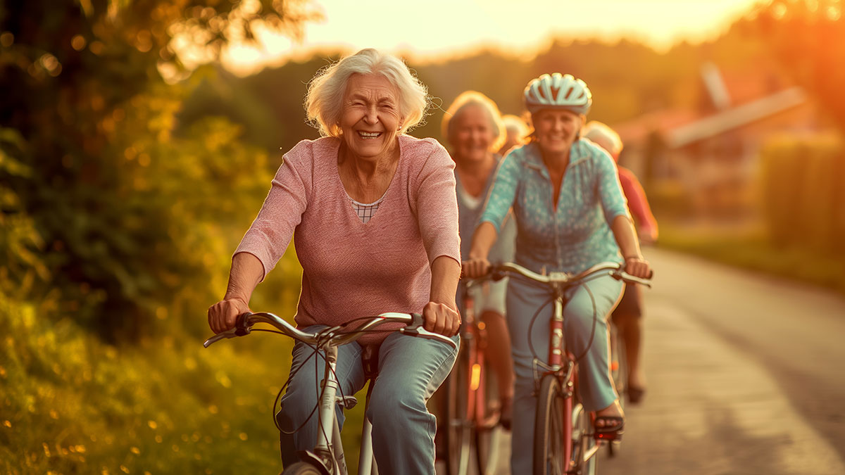 A group of senior women ride bicycles